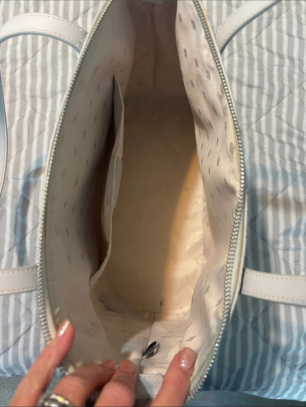 kate spade White Tote with Silver Glitter Trim